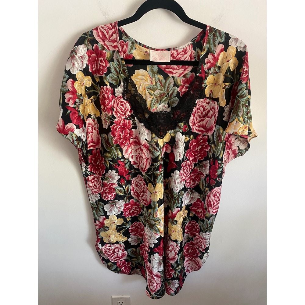Just For Women Vintage Floral Lace Trim Nightgown Top Black Red XL Made in USA